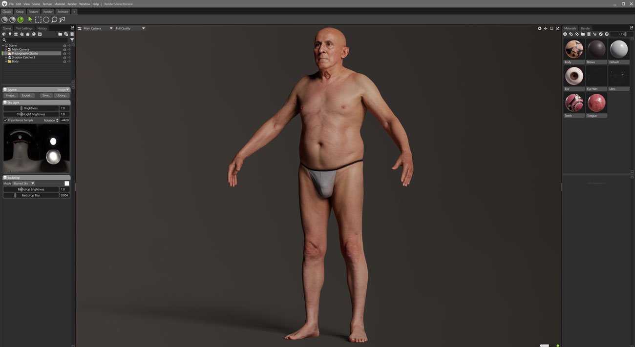 Marmoset Toolbag real-time scene render of a heavy-set older male 3D body scan with PBR shading